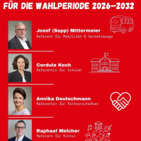 Referentinnen und Referenten im Gemeinderat: Josef Mittermeier (Mobilität und Verkehrswege), Kordula Koch (Schulen), Annika Deutschmann (Partnerschaften), Raphael Melcher (Kultur)